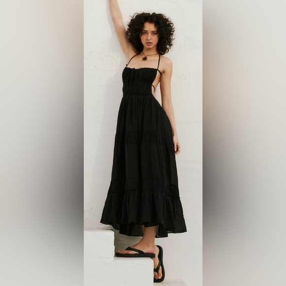 NEW Free People Taking Sides Tiered Cotton Maxi summer Dress Black sz S - Picture 4 of 10